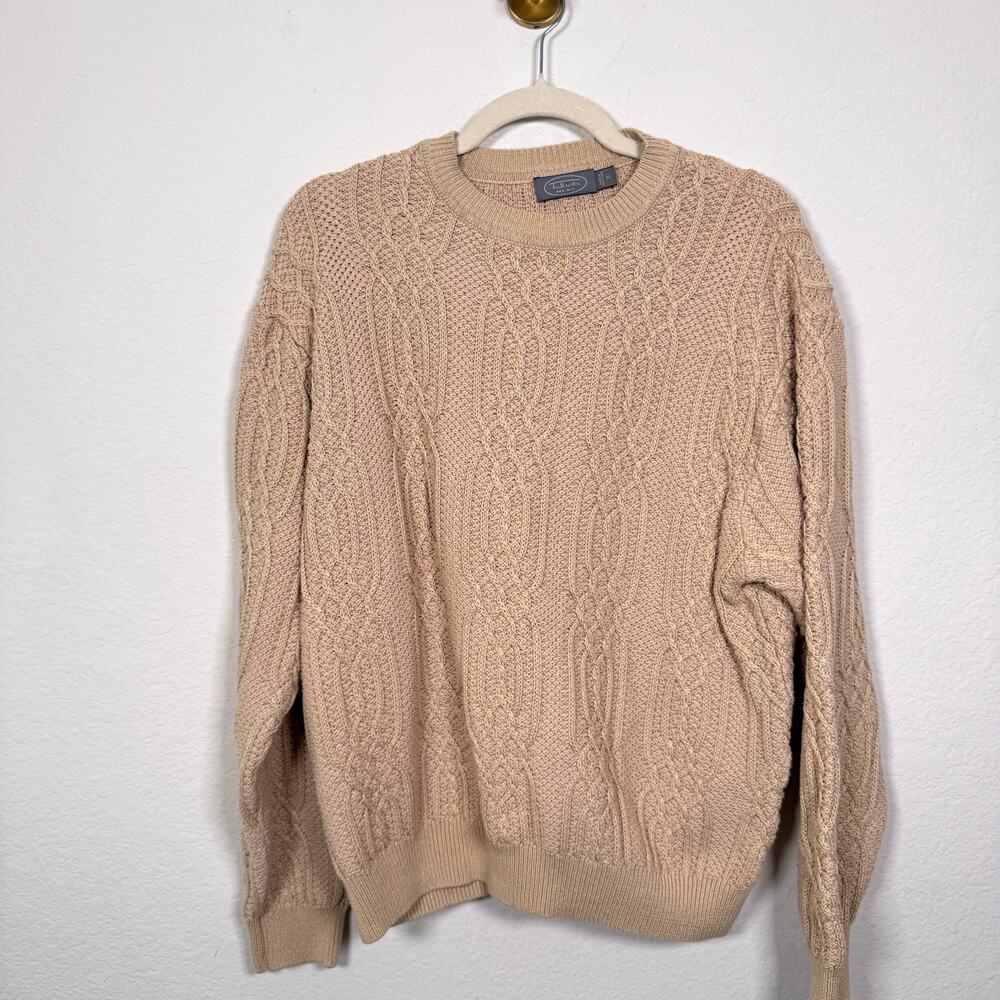 Talbots Mens Vintage Cable Knit 100% Cotton Sweater Size XL Neutral Winter Tan